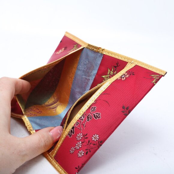 Satin Asian Design Tissue Wallet Chinese Red Pink Floral Embroidered - Picture 5 of 6